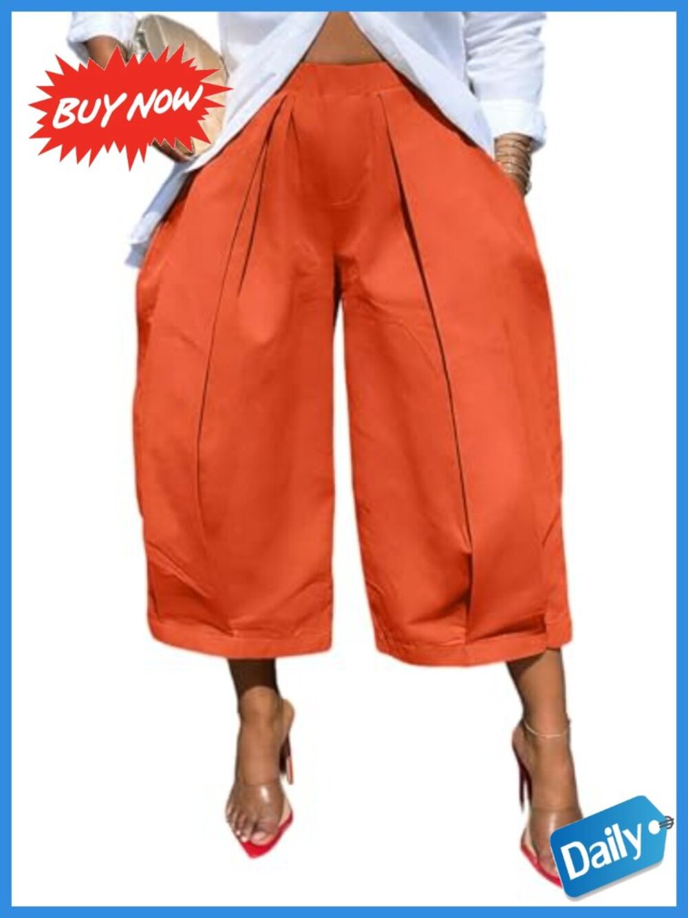 Women's Wide Leg Capri Pants High Waist Pleated Cropped Trousers